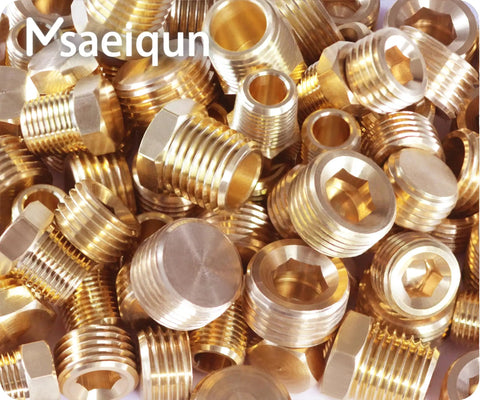 Brass Hex Pipe Plug 1/4 Inch NPT Male Thread With Internal Hex Socket Counter Sunk Design For Blocking The End Of Pipe Pack Of 10 Ideal For Industrial Piping Fittings Temperature Range From -65 To 250 F And Max 150 Psi, brass plugs stacked