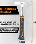 Pro Grade 18oz Sheet Metal Hammer for Tinners and HVAC Pros with Forged Steel Head and Ergonomic Handle, dimensions shown.