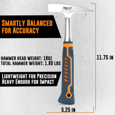 Pro Grade 18oz Sheet Metal Hammer for Tinners and HVAC Pros with Forged Steel Head and Ergonomic Handle, dimensions shown.