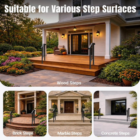 Black 2 Step Outdoor Handrails Built Like A Tank Wrought Iron Stair Railing Pair setup on wooden and stone step surfaces.