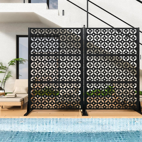 Metal Privacy Screen Outdoor 72 Inches Tall Freestanding Privacy Fence With Sturdy Stands Cross Shaped Decorative Panels