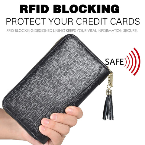 Womens RFID Blocking Leather Card Holder Wallet With Zipper Purse Case displayed against a white background