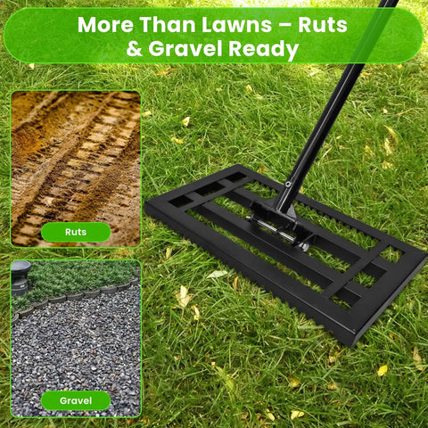 17 By 10 Inch Heavy Duty Lawn Leveling Rake With Sectional Adjustable Handle For Easy Soil Grooming And Landscaping on grass
