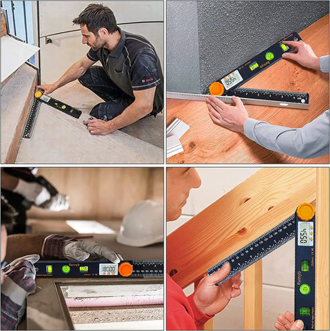 Digital Angle Finder Tool 7 Inch 0 To 360 Degree Protractor with LED Display used by carpenters for accurate angle measurement.