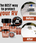RV Roof Sealant For Travel Trailers And Campers, Professional Grade Solar Reflective Flexible Waterproof Membrane Coating For EPDM TPO Fiberglass And Aluminum Roofs, Brilliant White, 1 Gallon shown with before and after application comparison