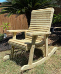 Dead Easy Outdoor Rocking Chair Plans With Smooth Ride Precision Mdf Templates And Goof Proof Step By Step Guide For Ultimate Backyard Kickback Lounge Made In Usa, crafted wooden rocking chair in outdoor setting.