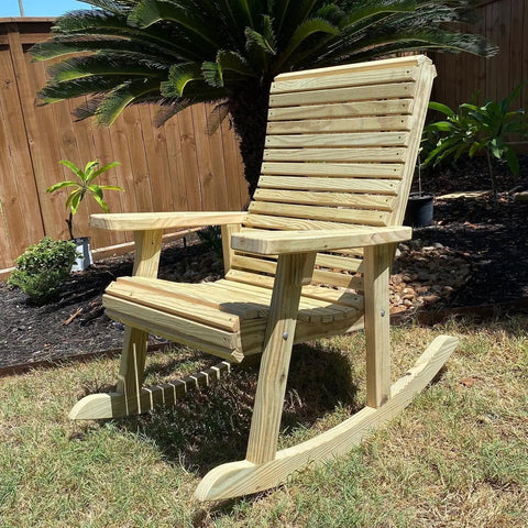 Dead Easy Outdoor Rocking Chair Plans With Smooth Ride Precision Mdf Templates And Goof Proof Step By Step Guide For Ultimate Backyard Kickback Lounge Made In Usa, crafted wooden rocking chair in outdoor setting.