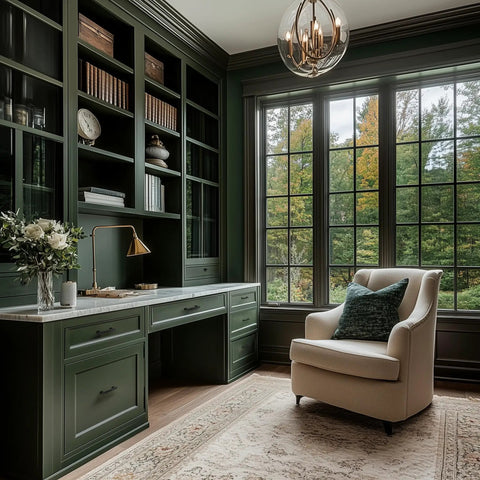 Elegant home office with green built-in shelves, an armchair, and large windows overlooking a garden, styled with books and decor.