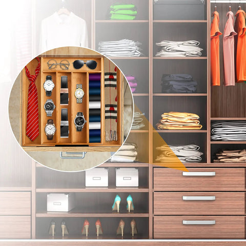Sleek Expandable Bamboo Drawer Organizer For Kitchen Flatware Holder With Hassle Free Adjustable Compartments Cutlery Tray for storing watches and ties.