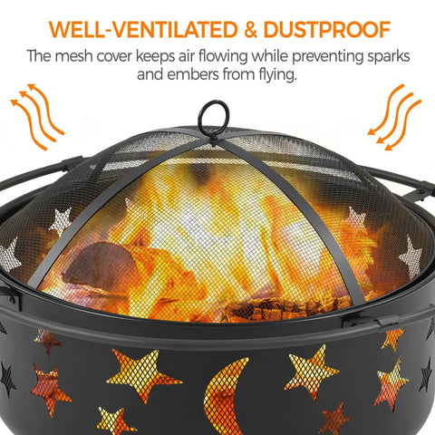 Round 30 Inch Fire Pit For Outdoor Wood Burning With Spark Screen And Poker Celestial Stars And Moon Cutouts Patio Backyard Bonfire Pit For Campouts And Picnics Easy To Use Night Vibes showing flames inside with mesh cover.