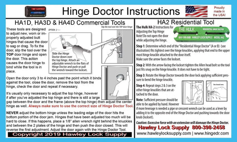 Instructions for HA2 AB Residential Hinge Repair Kit with illustrations and contact info for Hawley Lock Supply, made in USA.
