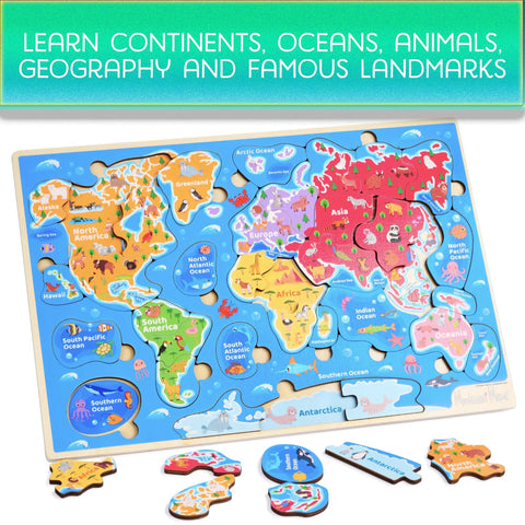 World Map Wooden Puzzle For Kids Ages 4 To 6: Learn Continents And Oceans with landmarks, animals, and marine life pieces