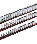 Three-Piece Aluminum Socket Organizer Rails For 1/4, 3/8, And 1/2 Inch Drives, Holds 48 Sockets With Spring-Loaded Clips