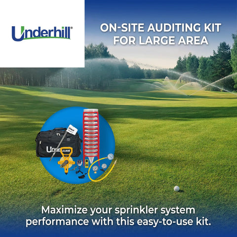 AuditMaster On Site Sprinkler Performance Auditing Kit For Turf And Golf Green Irrigation with tools on grass background