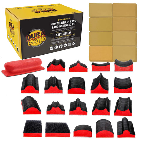 Pro Grade Contoured Hand Sanding Block Set With 40 Hook And Loop Sandpaper Sheets, Interchangeable Convex And Concave Shapes