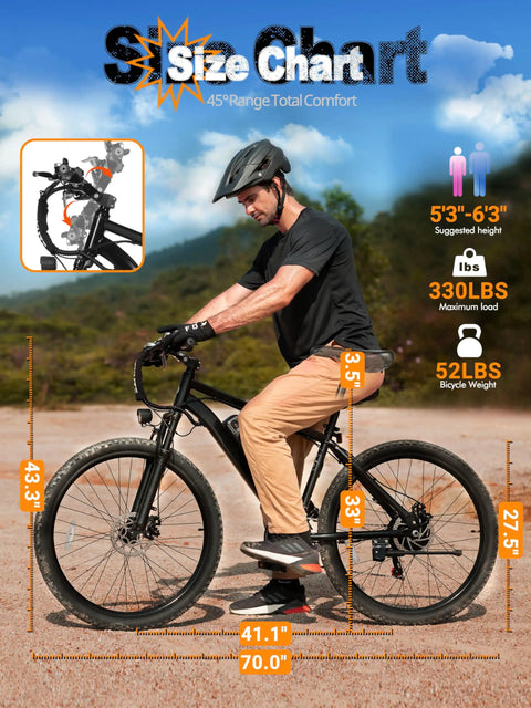 Beast Electric Mountain Bike For Adults With 21 Speed Gear System And 27.5 Inch Wheels, 1200W Peak Brushless Motor, Up To 28 MPH, Removable 48V Battery Options 10.4Ah Or 13Ah, Up To 65 Miles Range, Step Over EMTB With NFC Unlock; rider sizing chart