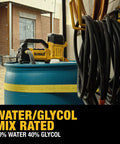 Top Shelf 20V Max Transfer Pump Kit atop blue barrel labeled for water and glycol mix, ideal for HVAC applications.