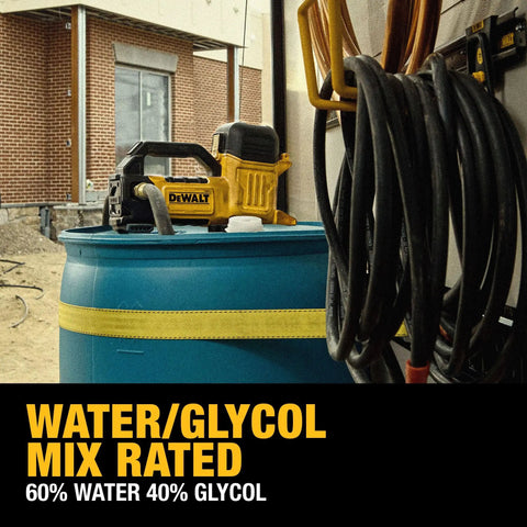 Top Shelf 20V Max Transfer Pump Kit atop blue barrel labeled for water and glycol mix, ideal for HVAC applications.