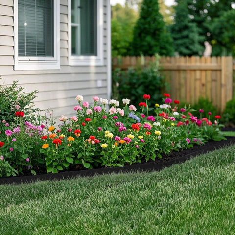 Heavy Duty 4.5 Inch Metal Landscape Edging Kit With 11 Stakes, 40 Inch Panels, 33 Feet Total Length bordering a flower bed