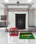 Backyard Golf Practice Net 10x7ft with hitting net, silk targets, dual turf mats, setup in garage for indoor ball driving.