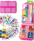 7 Day Pill Organizer With Color Coded Labels Travel Pill Case For Daily Meds Compact Lightweight Storage Fits Purse Or Backpack Pink With 161 Labels Kit showing open compartments and labels.