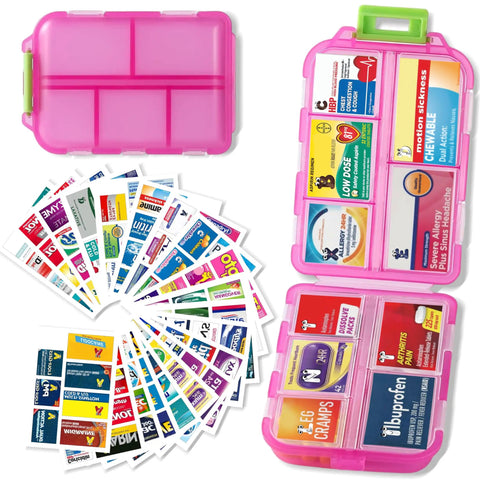 7 Day Pill Organizer With Color Coded Labels Travel Pill Case For Daily Meds Compact Lightweight Storage Fits Purse Or Backpack Pink With 161 Labels Kit showing open compartments and labels.