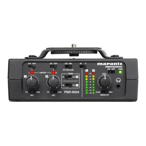 Front view of 2 Channel DSLR Audio Interface For Home Studio Pro Denon Pro PMD 602A USB Audio Interface with control knobs and indicators