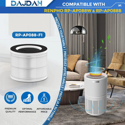 Toxin Absorber Filter RP-AP088-F2 Replacement Filter for Renpho Air Purifier in a modern living room, indoor air fresh.
