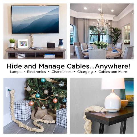 Champagne Fabric Cord Cover 6 Ft Long Hides Cables From Lamps Light Fixtures Desks And Electronics No Fuss Hook And Loop Setup Neat Cable Management For Home Office Or Living Space, in various room settings.