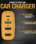 Rugged Four Port Usb C Car Charger Delivers Dead Serious 60W Fast Charging For Android Smartphones With A Gutsy Cigarette Lighter Adapter That Makes Highway Drives A Breeze, showing front view with four ports and yellow casing.