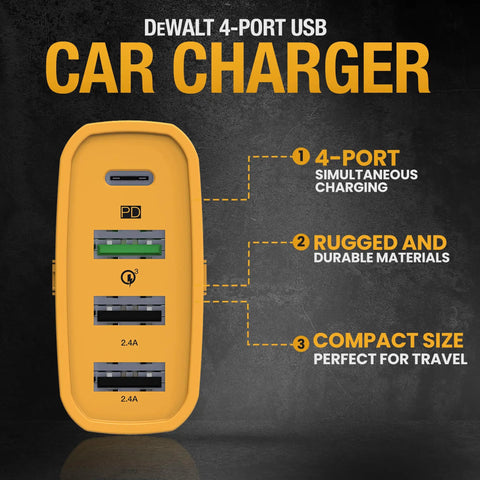 Rugged Four Port Usb C Car Charger Delivers Dead Serious 60W Fast Charging For Android Smartphones With A Gutsy Cigarette Lighter Adapter That Makes Highway Drives A Breeze, showing front view with four ports and yellow casing.