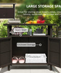 Wicker Outdoor Storage Cabinet With Rattan Bar Table And Two Doors, Open Shelf, 46.6 Gallon Enclosed Storage, Weatherproof Poolside Buffet Console With A Metal Slatted Countertop For Patio Backyard Dark Coffee Finish