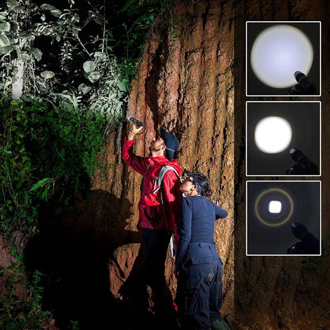 Dual Pack Tactical LED Flashlight S1000 T6 used by hikers on rugged terrain demonstrating beam modes for outdoor emergencies.