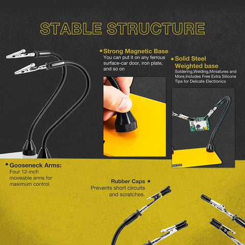 Third Hand Soldering Tool With Four Magnetic Gooseneck Arms and Stainless Clips, solid weighted base, 360 degree rotation