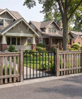 Straight Up Heavy Duty 48 Inch Wide By 42 Inch High Outdoor Deck Gate Kit In Matte Black on a residential pathway.