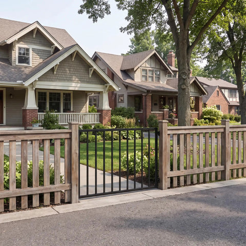 Straight Up Heavy Duty 48 Inch Wide By 42 Inch High Outdoor Deck Gate Kit In Matte Black on a residential pathway.