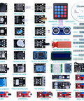 Upgraded 37-In-1 Sensor Modules Kit with Tutorial for Arduino R3 Mega 2560 Nano compatible, showing various components including GY-521, LCD1602, DS1307 RTC Module.