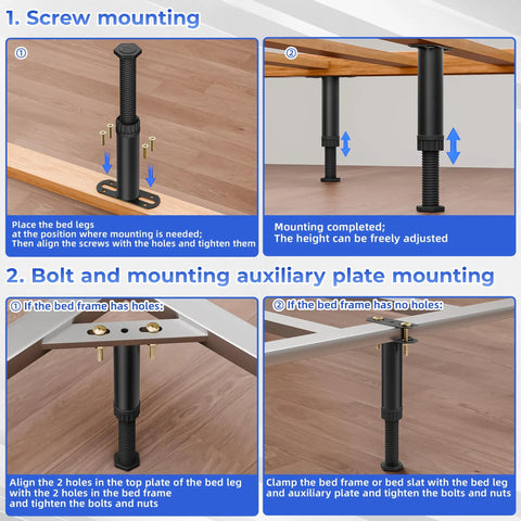 Installation guide for Six Pack Adjustable Bed Support Legs With Locking Ring Stand height adjustment for various bed frames.