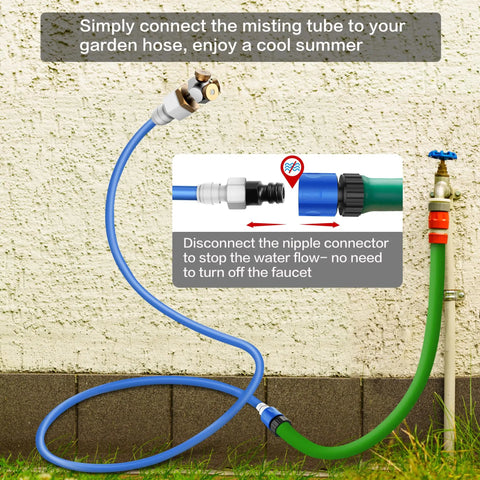 Upgraded 2025 Outdoor Patio Misting System With 3 Brass Nozzles attached to faucet, showing leak proof hose mister connection
