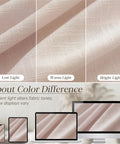 Light Pink Linen Curtains 108 Inch Long, 2 Panels, Pinch Pleat, Semi Sheer Light Filtering For Nursery Baby Girls Bedroom, Dusty Blush Drapes, 350GSM Linen Blend For Living Room Cozy Modern Drapes showing color difference under different lighting conditions