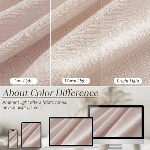 Light Pink Linen Curtains 108 Inch Long, 2 Panels, Pinch Pleat, Semi Sheer Light Filtering For Nursery Baby Girls Bedroom, Dusty Blush Drapes, 350GSM Linen Blend For Living Room Cozy Modern Drapes showing color difference under different lighting conditions
