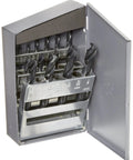 High Speed Steel Short Length Drill Bit Set In Metal Case With Black Oxide Finish And 135 Degree Split Point For Ferrous Materials 15 Piece Inch Sizes From 1/16 To 1/2 In 1/32 Increments displayed in open metal case.