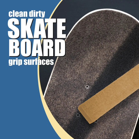 Skateboard grip surface shown with cleaning stick removing dirt