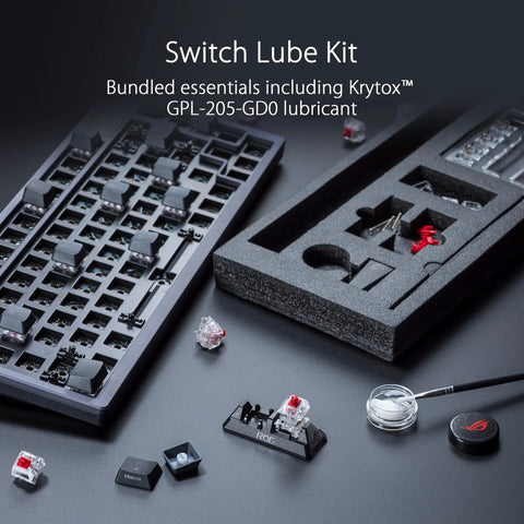 Switch Lube Kit for mechanical keyboards with Krytox lubricant, lube applicator, and switch housing components.