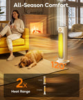 Image of Infrared Patio Heater And Fan Tower for indoor use, showcasing 120-degree oscillation with a pet nearby and warmth demonstration.