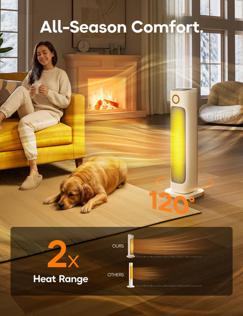 Image of Infrared Patio Heater And Fan Tower for indoor use, showcasing 120-degree oscillation with a pet nearby and warmth demonstration.
