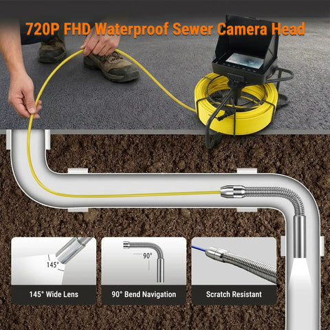 Rugged Pipe Inspection Camera With A 4.3 Inch Hd Dvr Monitor And 100 Ft Waterproof Cable For Drain Clogs and wall leak tracking, showing camera head and cable.