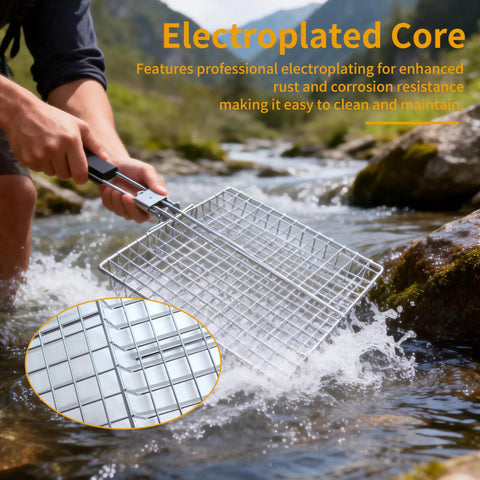 Person holding a Square BBQ Fish Basket For Grilling Great For Camping Stainless Steel Rust Resistant Easy To Clean Stable Design