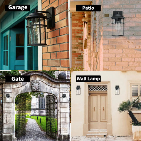 Modern Outdoor Wall Light With Seeded Glass Shade, Waterproof Anti Rust Black Exterior Sconce on garage and patio walls