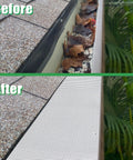 Before and after installation of Heavy Duty Stainless Steel Gutter Guard 48 Ft Universal Fit For 4 And 5 Inch Gutters Micro Mesh Leaves Screen White
